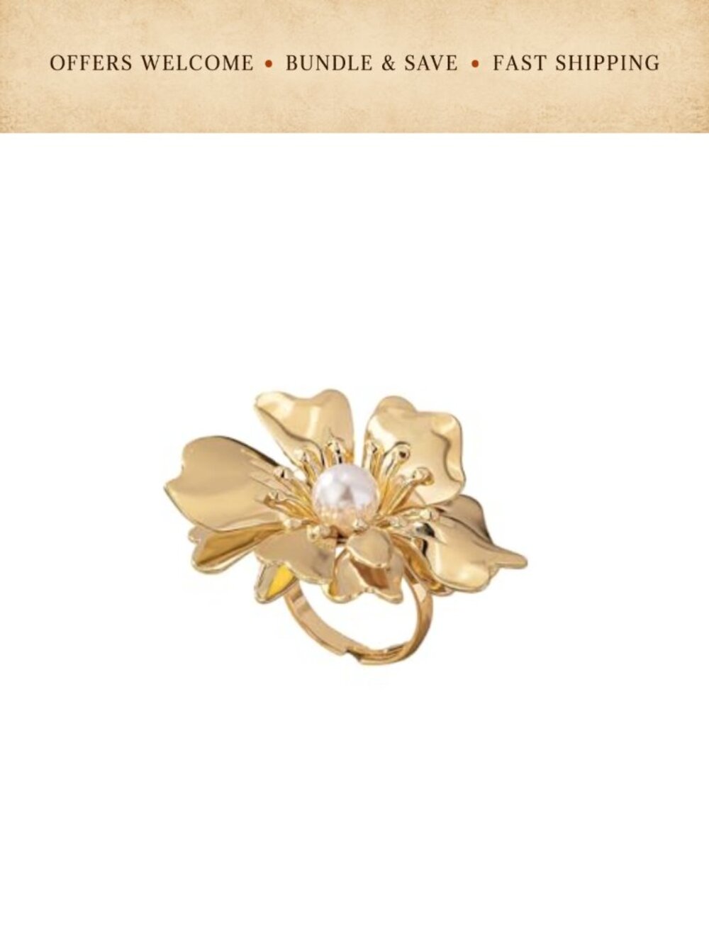 Gold Plated Vintage Floral Pearl Statement Ring Adjustable Women's Jewelry
